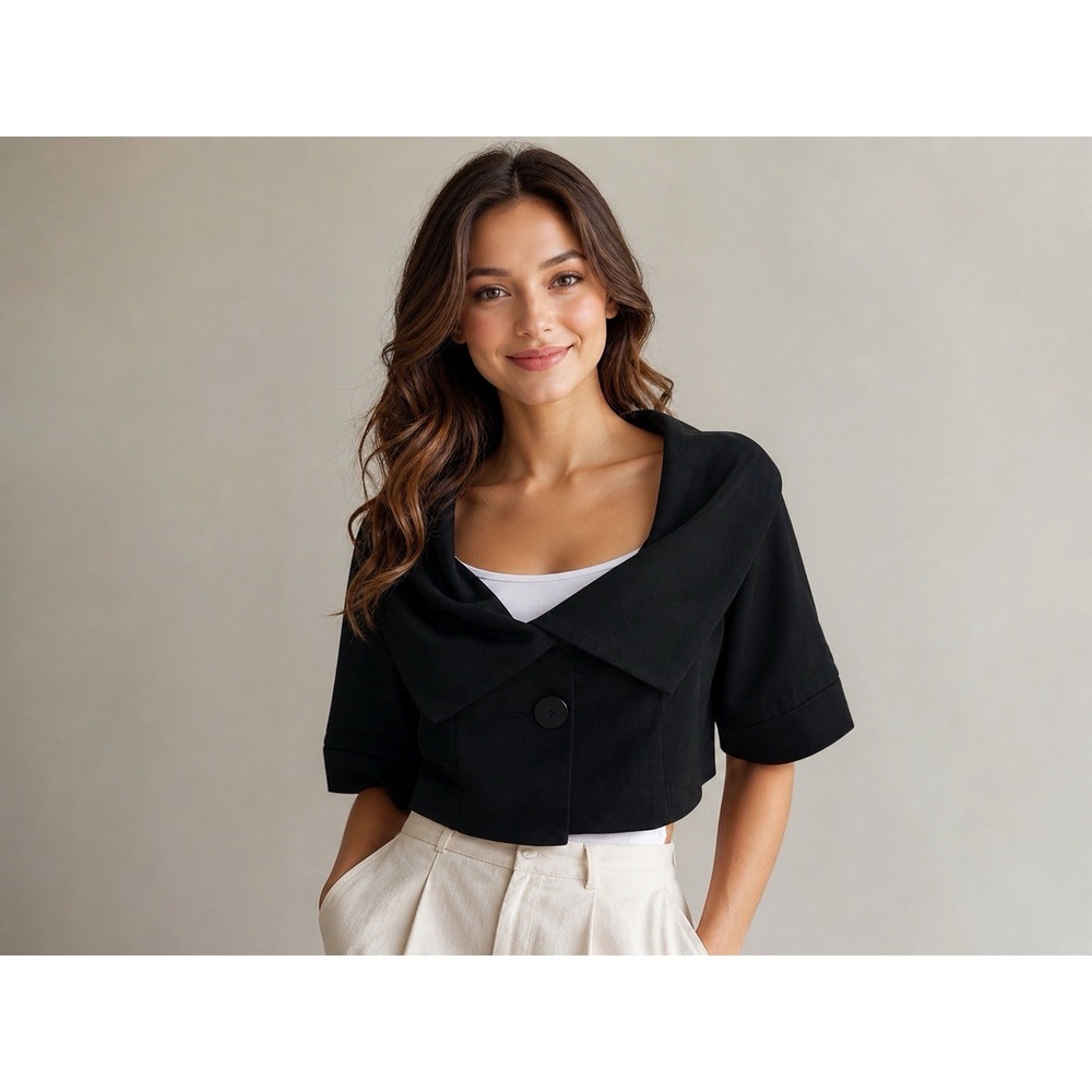 Moa Moa Women's L Black Cropped Jacket Bolero Blazer Shawl Collar Short Sleeve